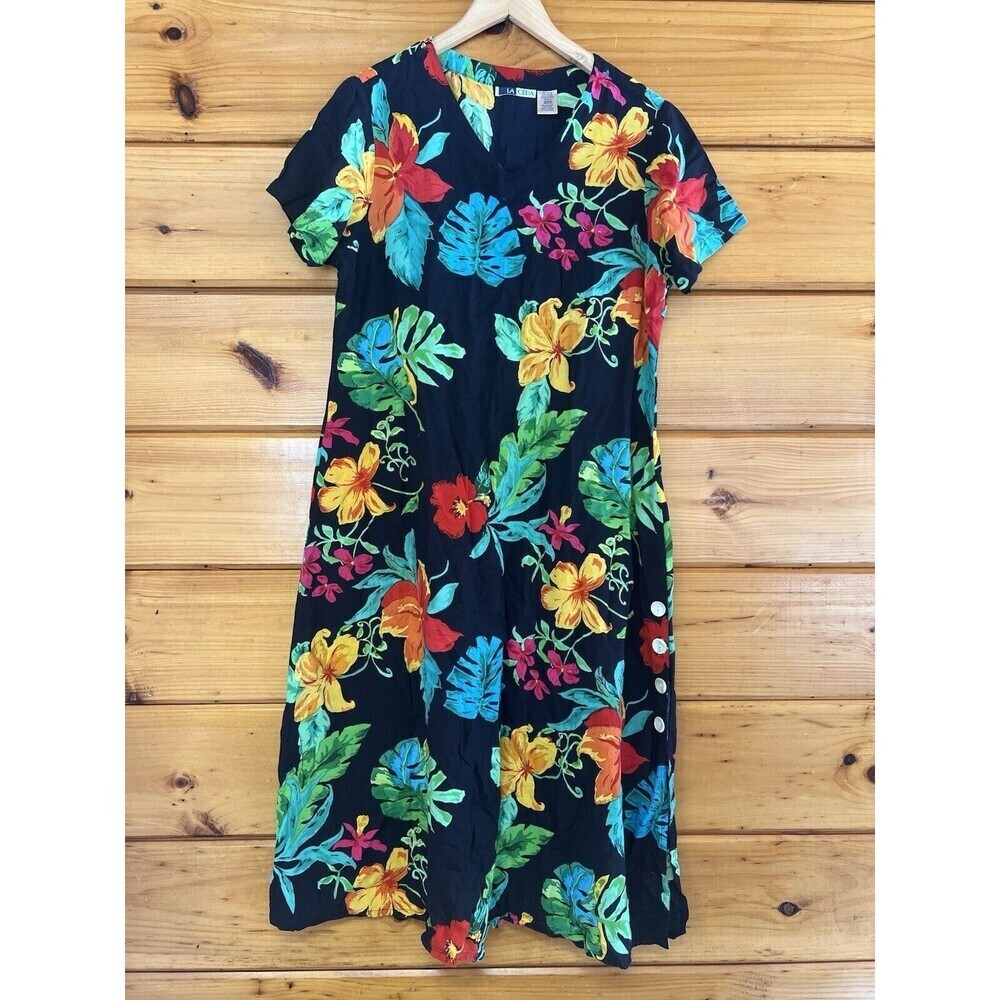 LA Cera Black Floral Print V-Neck Summer Beach Midi Dress Womans Medium Tropical